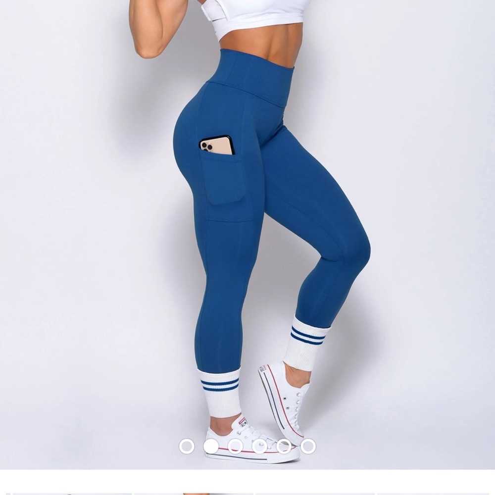 Bombshell ankle sock leggings cobalt blue worn has pockets